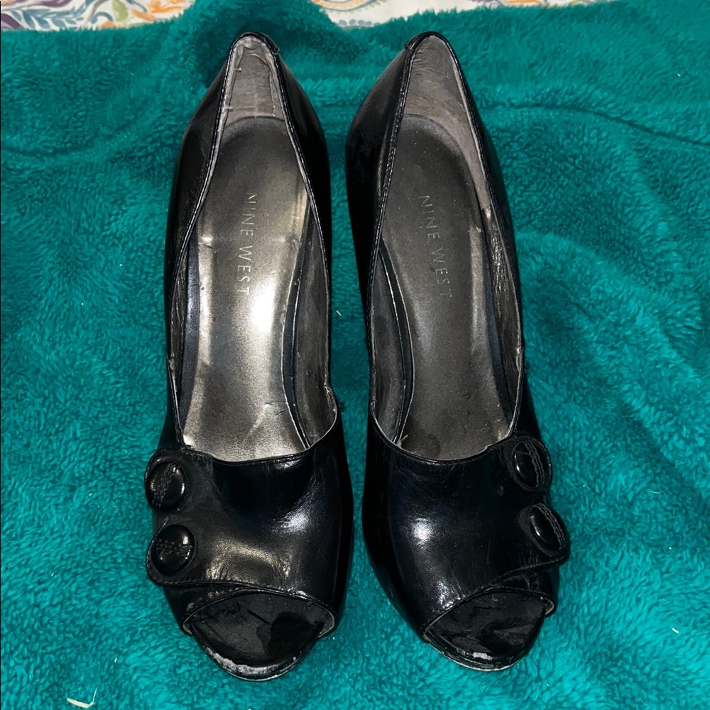Nine West Glossy Black Peep Toe Heels
